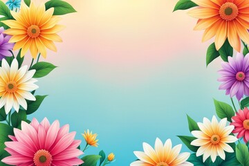 Fototapeta premium Colorful floral frame with vibrant flowers and green leaves on a soft blue and pink gradient background.