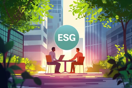 Illustration of business, nature coexisting in harmony. Green finance, sustainable economy, eco-friendly practices emphasized. Balance between profit, environmental protection achieved through