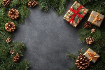 Festive holiday background with gifts pine cones