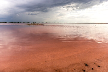 Clouds and rain over the Midi salt marshes, dead seaweed, France
