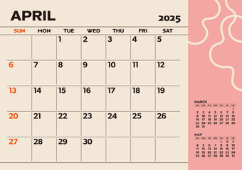 Simple desktop calendar for 2025: April, with writing space