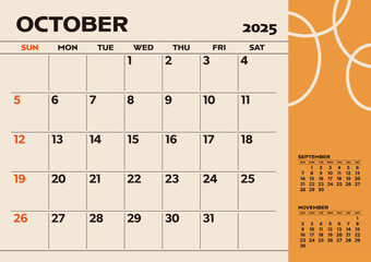 Simple desktop calendar for 2025: October, with writing space
