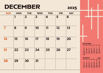 Simple desktop calendar for 2025: December, with writing space
