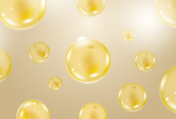 liquid collagen or serum. Skin care cosmetic product texture, golden bubbles, realistic illustration