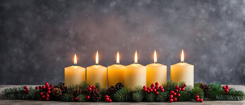 Six Burning Candles with Holiday Decor