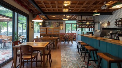 Obraz premium A cozy cafe with wooden tables, chairs, and a patterned floor. The cafe has large windows and a bar with stools. There is a bookshelf in the back with bottles and jars on it.