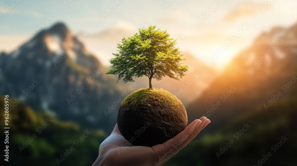 Wall mural hand holding earth with growing tree environmental concept