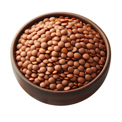 Brown Lentils in wooden bowl isolated on transparent background.