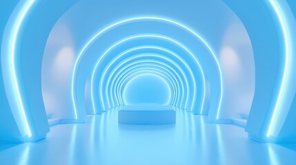 Fototapeta premium Futuristic blue neon archway corridor interior design