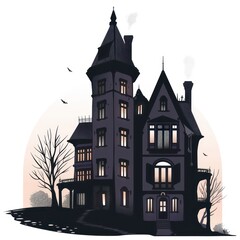 halloween haunted house illustration with simple design and victorian aesthetics on a white background