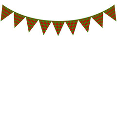 Fototapeta premium Triangular Christmas red buntings with green rhombuses. Garland of buntings on ribbon isolated on transparent and white background. Vector illustration. Close-up element for holiday design decoration.