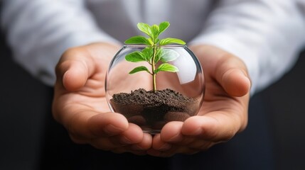 Hands Holding Glass Globe With Sprout And Soil