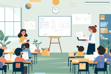 Classroom Lesson with a Female Teacher and Students