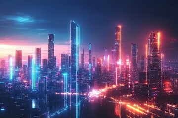 Obraz premium Futuristic urban skyline with bright colorful lights and tall structures