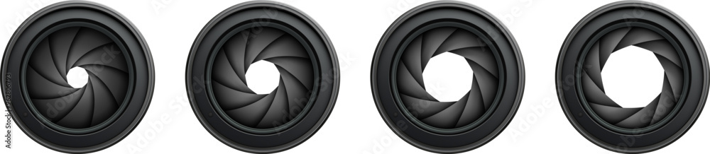 Poster camera shutter icons set, photo lenses aperture isolated.