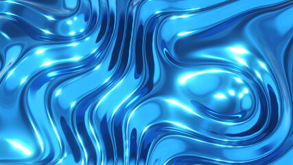 Liquid blue chrome waves background, shiny and lustrous metal pattern texture, silky 3D illustration.