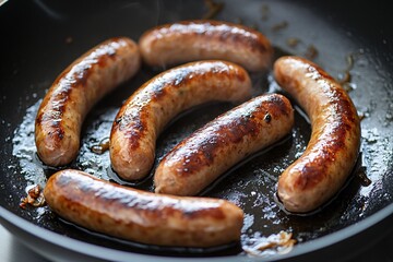 Fototapeta premium Deliciously browned sausages sizzling in a frying pan, perfect for a hearty breakfast or a savory meal.