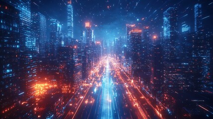 Fototapeta premium Futuristic Cityscape with Neon Lights and Speed Lines