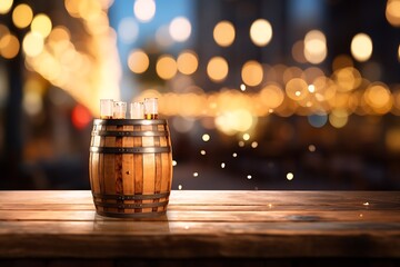 Wooden barrel and on table against blurred festive lights