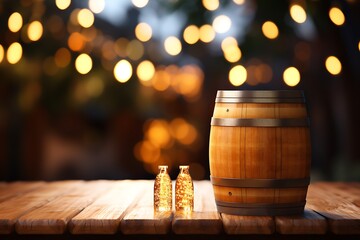 Wooden barrel and on table against blurred festive lights