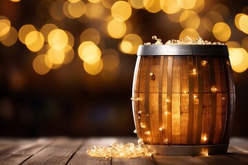 Wooden barrel and on table against blurred festive lights