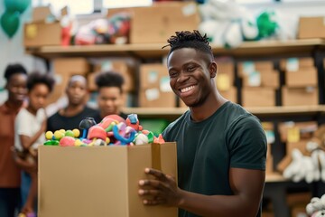 Young African American man smiling happy holding box with toys to donate. Group of volunteers working together at charity center. People care, donate, support community. Joyful, friendly atmosphere,