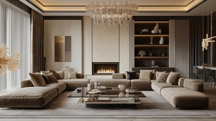 modern living room, A minimalist living room with a color palette, featuring a sleek white sofa, a black coffee table, and  room is decorated with a few plants,