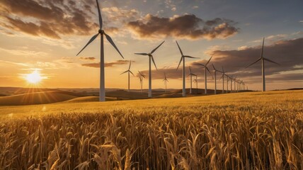 Wind turbines on golden field at sunset for sustainable energy