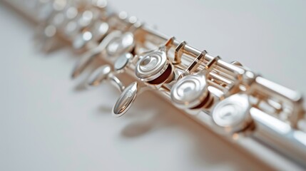 Fototapeta premium Close-up shot of a flute's shiny keys laid out on a smooth white surface, showcasing the intricate design and metallic sheen of the instrument. Perfect for use in music-related contexts.