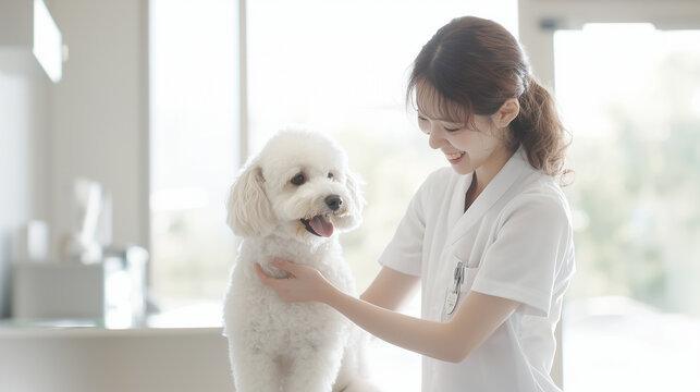 focused image of a Japanese female groomer carefully grooming a dog at a veterinary hospital, showcasing her skills and dedication to pet care. Perfect for visuals highlighting pro