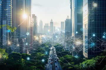 Smart cityscape with grid-like network of interconnected devices, sensors, buildings. Wireless communication, cloud computing, digital connectivity enable seamless data exchange. Urban landscape with
