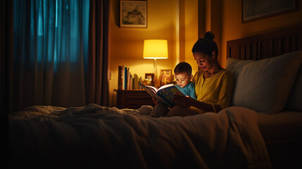 A serene, intimate moment of a mother reading a bedtime story to her young child in a cozy, softly lit bedroom. The room has a comfortable bed, a nightstand with a lamp, and children's books scattered
