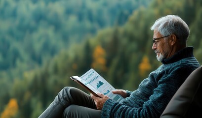 Advanced financial dashboard, retiree enjoying nature, futuristic digital tools, virtual freedom