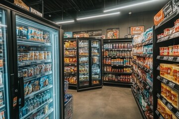 Fototapeta premium Grocery Store Aisles with Refrigerated Food Displays