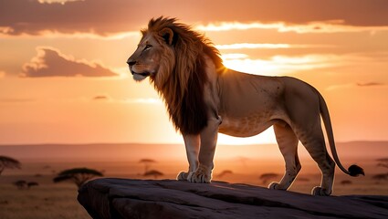 Capture the serene yet powerful essence of the wild with this stunning image of a majestic lion standing tall on a rocky outcrop at sunset.