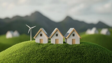 Fototapeta premium Sustainable village powered by wind and solar energy, zero waste living, 3D illustration,