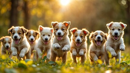 Obraz premium Playful Puppies Running in Sunlit Field
