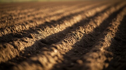 Close-up of freshly tilled soil with distinct furrows, ready for planting.