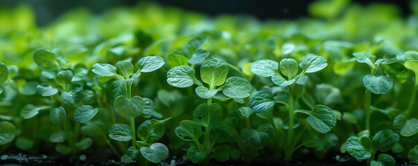Close up of fresh green seedlings growing in rich soil. New life, growth, and the promise of a bountiful harvest.