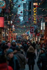 Busy shopping street adorned with Christmas decorations and holiday shoppers
