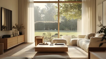 Minimalist Scandinavian Living Room with Serene Garden View and Warm Wooden Accents