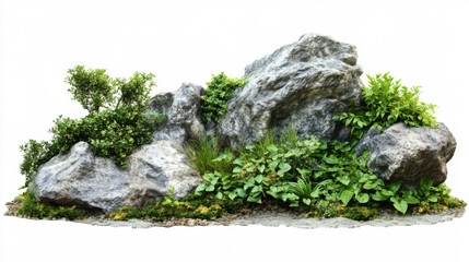 Natural landscape with rock and greenery in the garden isolated on white background for graphic design.