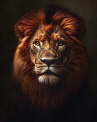 Fototapeta premium Majestic Lion Portrait in Dramatic Chiaroscuro Style Evoking Timeless Grandeur of African Savannas