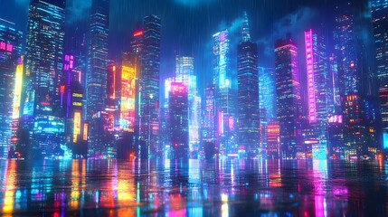 Obraz premium Dazzling Neon Cityscape at Nightfall Vibrant Skyscrapers Reflected on Shimmering Pavement in