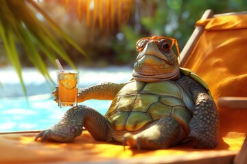 Turtle relaxes on sunbed near pool with orange juice and straw. Beach scene with palm trees and...