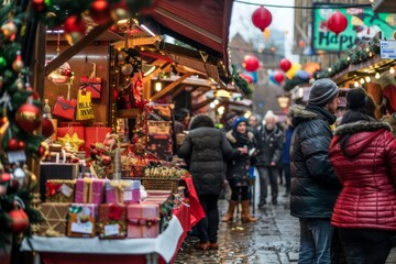 Naklejka premium Colorful Christmas market with festive decorations