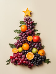 Christmas tree made of different fruits and berries, isolated pastel beige background. Minimal creative concept of healthy food. New Year party invitation, greeting or gift card.