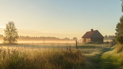 A serene autumn harvest landscape showcasing golden ripe fields and a sunlit cabin under a bright sky, evoking a peaceful rural scene. 