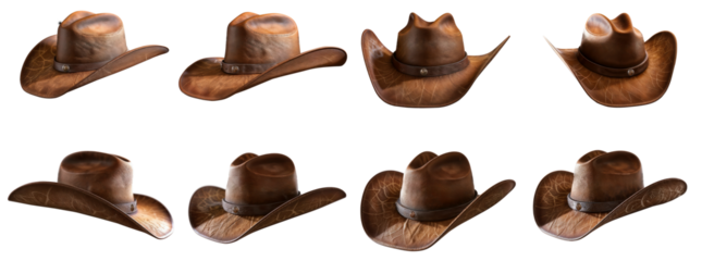 Collection of Vintage Cowboy Hats in Various Angles, transparent background