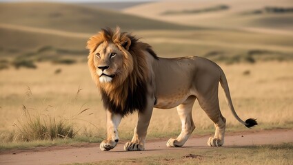 Obraz premium Capture the essence of strength and independence with this striking image of a solitary male lion confidently walking through the savannah.